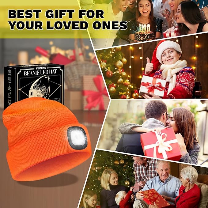 VIBELITE LED Beanie Hat with Light, USB Rechargeable LED Headlamp for Hiking, Camping, Gifts for Men, Dad, Teen Boys, Husband, Women, Boyfriend, Birthday Gifts for Women, Orange