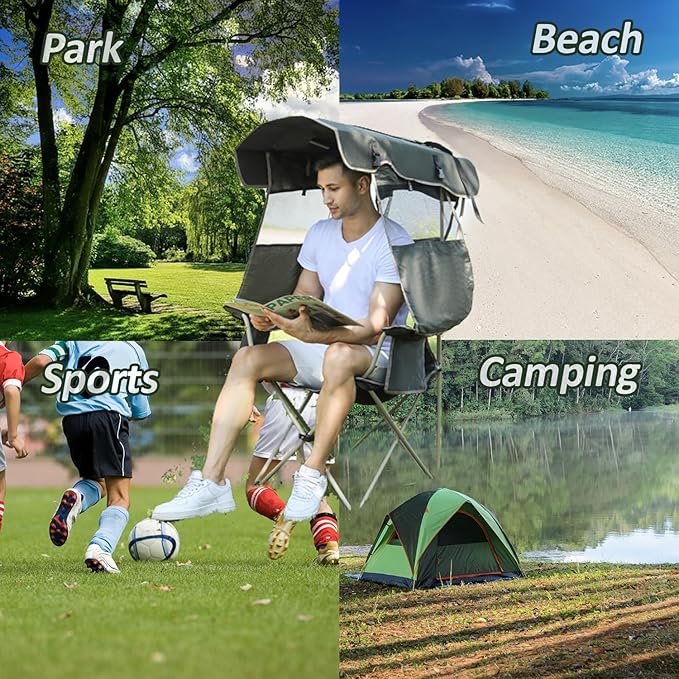 Camping Chair with Canopy - Beach Chair with Shade for Outdoor Use, Adjustable Sunshade, Cup Holder, Side Pockets - Heavy Duty Folding Chair with Canopy Supports 330 lbs (Navy)