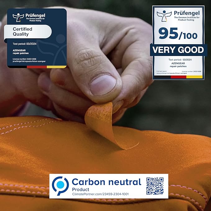 aZengear Repair Patches for Jackets, Tent, Shoe Toe, Air Mattress, Inflatables, PVC Gear - Waterproof, Self-Adhesive, Tear-Cold-Heat-Resistant, Down Puffer Coat (11 Pcs, Gold Orange)