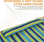 Lazy Daze Hammocks 12 FT Quilted Fabric Double Hammock with Spreader Bars and Detachable Pillow, 450lbs Weight Capacity, Blue Green Stripes