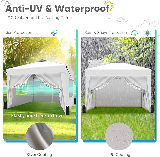 SANWAY 10x10 Pop Up Canopy Tent with Sidewalls x 4 – Easy Setup Canopy Tent, Waterproof, UV-Resistant, Portable with Carry Bag for Outdoor Events, Camping, and Backyard Parties – Silver White