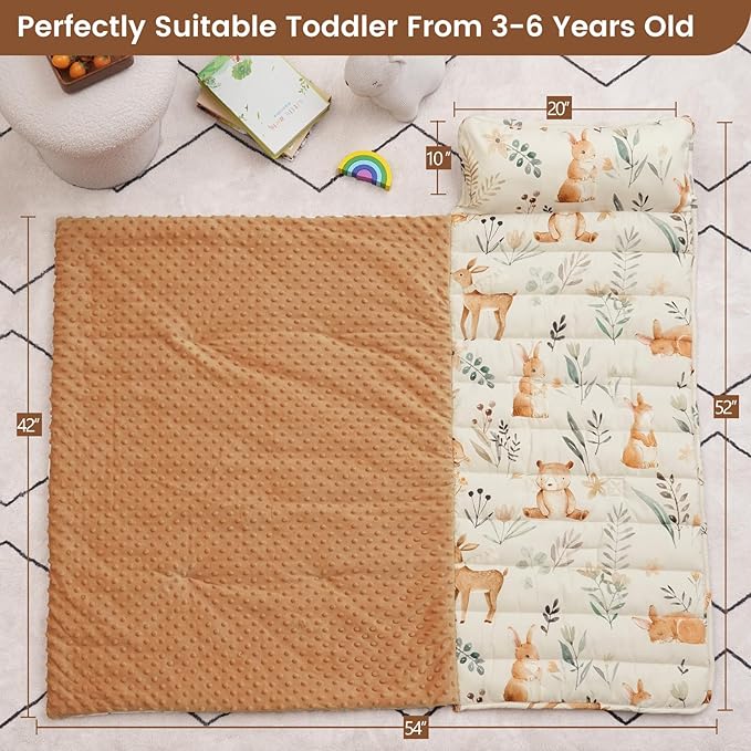 PHF Toddler Nap Mat with Removable Pillow and Minky Fleece Blanket, Rollup Design Warm Slumber Bags for Boys Girls, 52"x20"x2" Kids Sleeping Bag for Daycare Preschool Travel Camping, Woodland & Animal