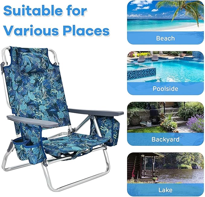 Goplus Beach Chair, Folding Backpack Beach Chairs for Adults with 5 Positions, Head Pillow, Cooler Bag, Towel Bar, Cup Holders, Sunbath Sling Tanning Lounge, Foldable Layout Camping Chairs