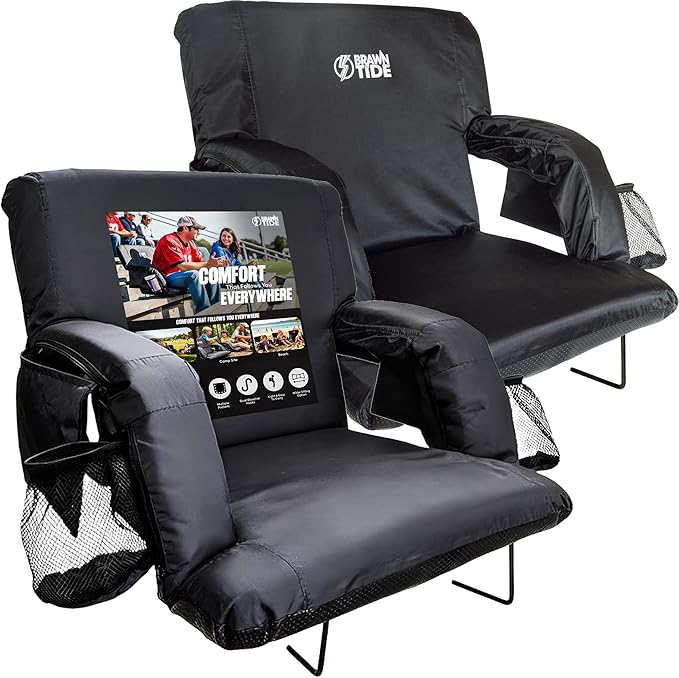 BRAWNTIDE Stadium Seat for Bleachers with Back Support - Wide Padded Reclining Bleacher Seat, Portable Folding Stadium Chair with Armrests, Hooks, Straps, Cup Holders & Pockets for Games & Concerts