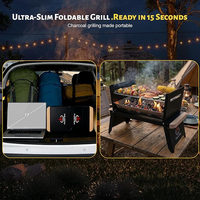 Nomad Portable Charcoal Grill – Ultra-Slim Folding BBQ for Outdoor Cooking, Camping & Travel | 304 Stainless Steel, Heat-Resistant Wood Handles, Quick Setup