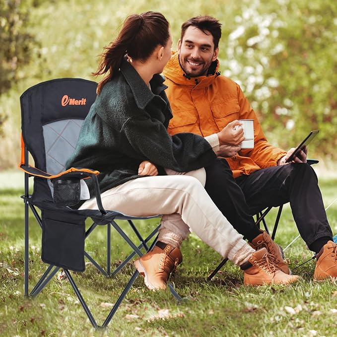 EMERIT Oversized Padded Camping Chair, 350LB Heavy Duty Quad Fold Chair with Arms, Collapsible Outdoor Chairs with Lumbar Back & Cup Holder