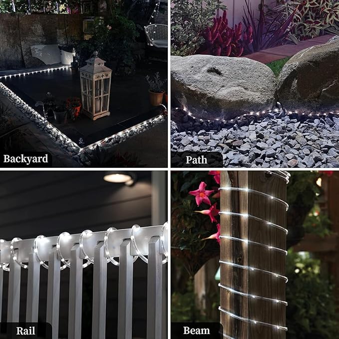 ANJAYLIA 66FT 200 LED Solar Rope Lights Outdoor Waterproof, Solar Powered Rope String Lights with 8 Modes & Timer Remote, for Outdoor, Patio, Garden, Camping, Holiday & Christmas Décor Cool White