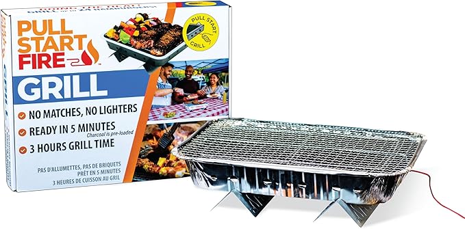 Pull Start Fire Grill | Single Use Portable Disposable Charcoal BBQ with Pull Start Matchless Ignition | Ready in 5 Min, 3 Hour Burn | Camping, Tailgating, Outdoor Cooking, No Cleanup Needed