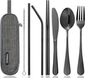 Travel Utensils Set with Case – 8-Piece Reusable Stainless Steel Camping Cutlery Set for Lunchbox, Office, School – Portable Fork Spoon Knife Chopsticks – Dishwasher Safe – Black