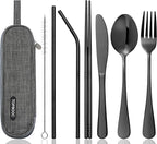 Travel Utensils Set with Case – 8-Piece Reusable Stainless Steel Camping Cutlery Set for Lunchbox, Office, School – Portable Fork Spoon Knife Chopsticks – Dishwasher Safe – Black