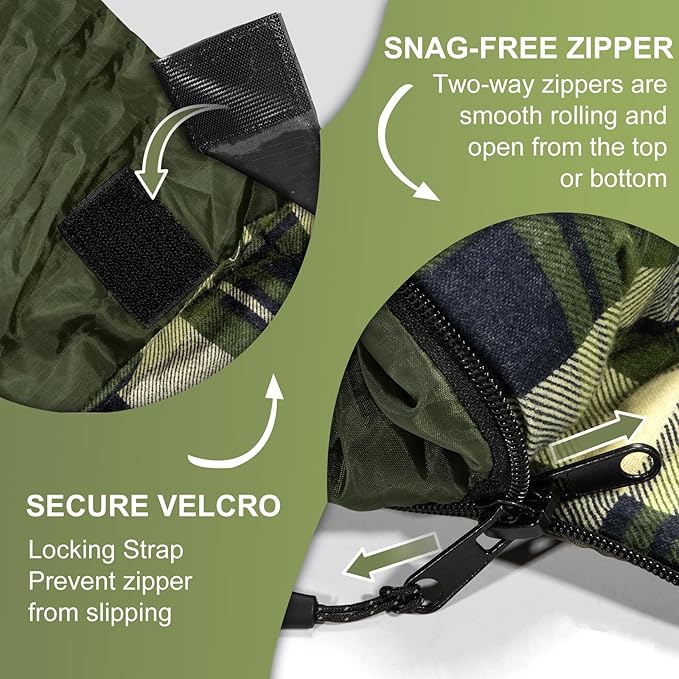 XL Queen Size 2 Person Double Sleeping Bag for Adults, Lightweight Compact with Flannel Liner & Thermolock Draft Tube, Machine Washable All Season Camping Travel