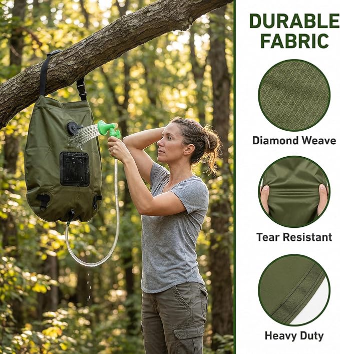 5-Gallon Solar Shower Bag with Real-Time Temp Display - Fast Heating in 20 Mins - Lightweight 0.99lbs Portable Camp Shower for Short Trips & Emergency Backup