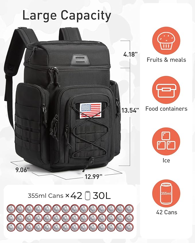 TOURIT 30L (42 Cans) Tactical Cooler Backpack – Military-Grade Insulated Back Pack with 16H Ice Retention, Leakproof Multi-Pocket Cooler Bag for Camping & Hiking, Featuring DIY Hook & Loop Panel