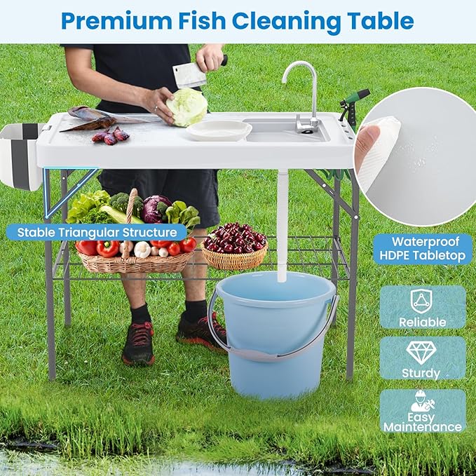 Goplus 42.5'' Folding Fish Cleaning Table with Sink and Spray Nozzle, Portable Camping Sink Table with Faucet, Drainage Hose, Grid Rack, Knife Groove, Outdoor Fish Fillet Cleaning Station for Picnic