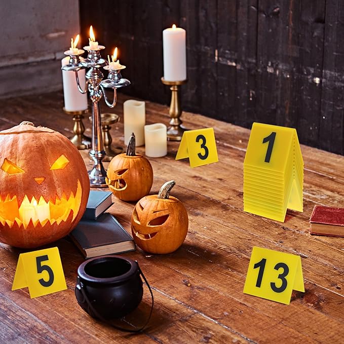 NOLITOY 15 Pcs Evidence Markers Detective Scene Markers Decorations Number Id Tents for Game Theme Halloween Party Supplies, Yellow, Restaurant 1-15 Signs Accessories