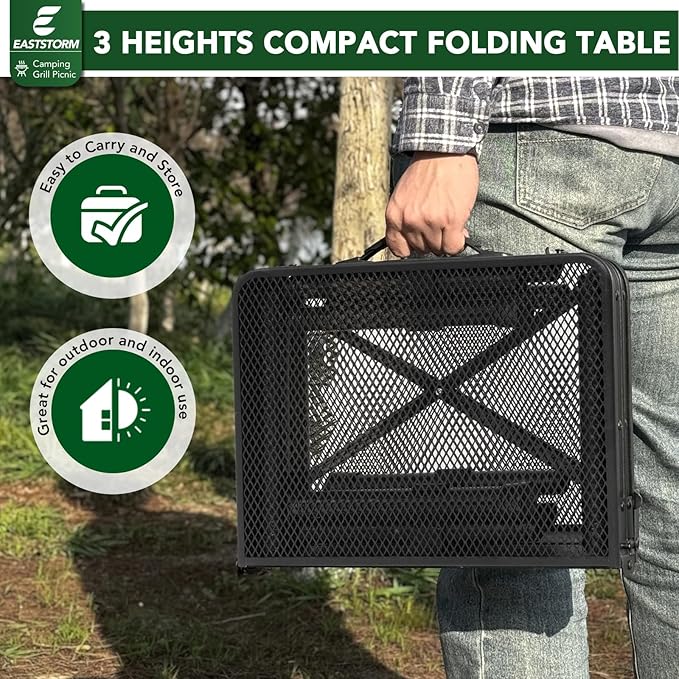 2ft Folding Grill Table, Adjustable 3 Heights Portable Picnic & Camping Outdoor Table for BBQ, Garden, Patio, Tailgate & Travel — Compact, Sturdy, Easy to Store, 23.62" x 15.74", Black