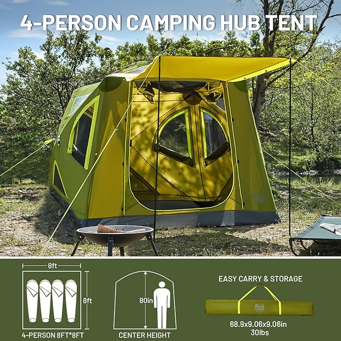 TIMBER RIDGE Camping Tent, 4 Person Instant Pop Up Hub Tent with 8 Windows, Easy 60 Second Setup, Weather Resistant Family Cabin Tents with Rain Fly for Camping, Hiking, Outdoor Travel