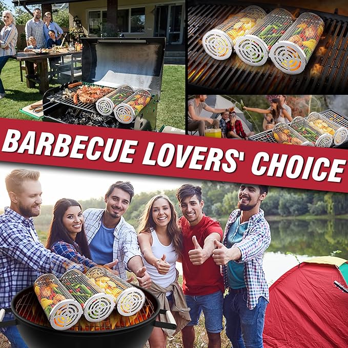 Rolling Grilling Baskets for Outdoor Grill Bbq Net Tube Must Have Large Round Mesh Barbecue Cylinder Cage Essentials Gadgets Cooking Accessories for Picnic Veggies Vegetable Fish Meat, Gift for Men