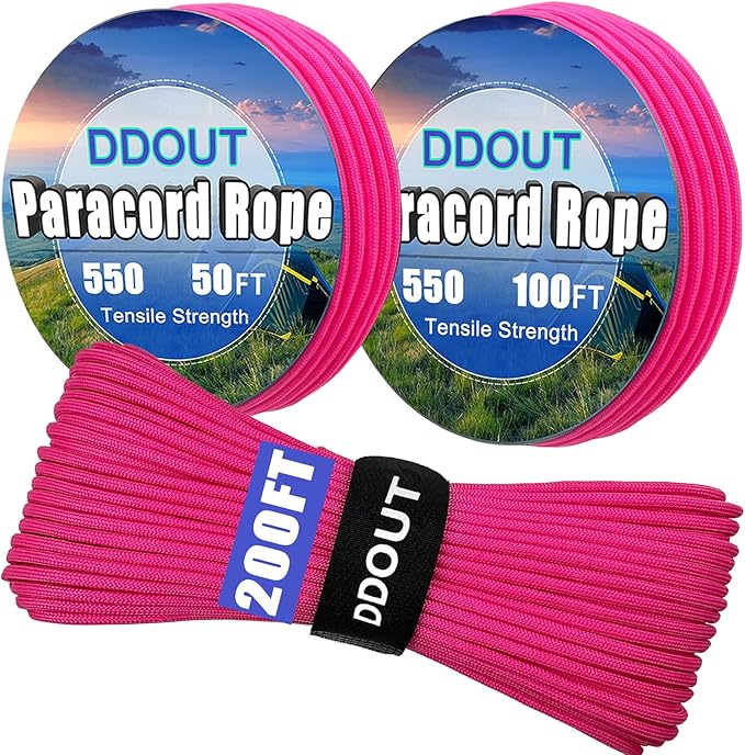 Paracord Nylon Rope Hot Pink 50FT with 7-Strand Core, 10 Colors and 50/100/200 ft, Type III Parachute Cord 4mm for Camping, Survival, Hiking, DIY, Crafting, Outdoor Utility Rope