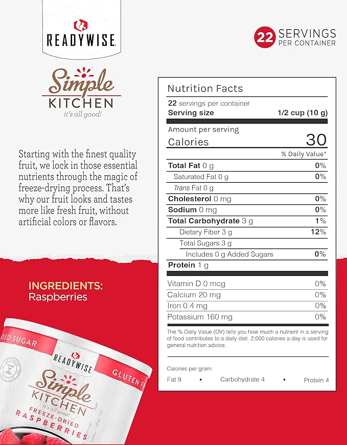 READYWISE - Simple Kitchen Freeze Dried Raspberries, 22 Servings, Vegan, Gluten Free, Healthy Snack, Survival Food, Dried Fruit, Raspberries (Pack of 2)