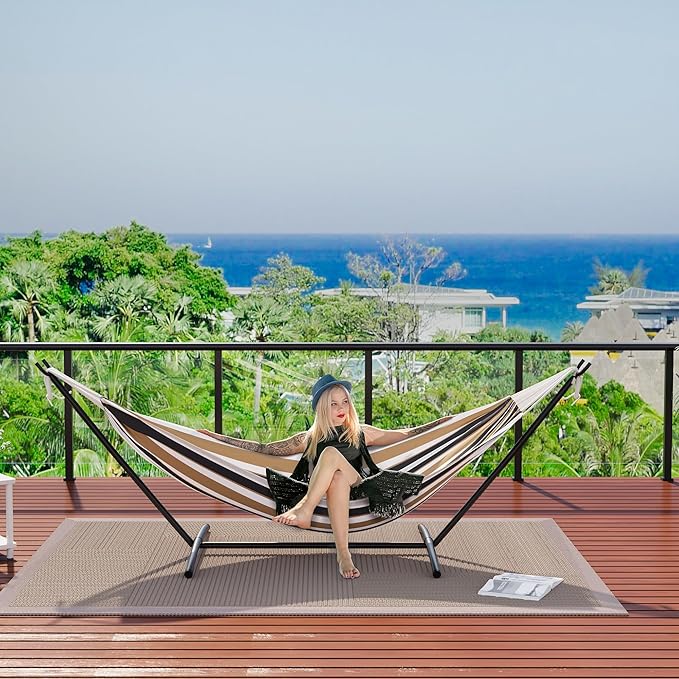 Double Hammock with Stand - Heavy Duty 450lbs Capacity, Portable Cotton Hammock for Two Adults, Indoor & Outdoor Use with Travel Bag(Coffee)