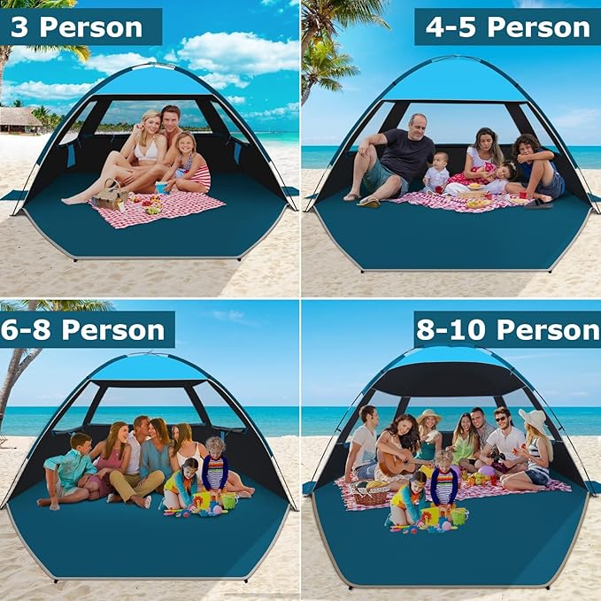 COMMOUDS Beach Tent Sun Shade for 3/4/6/8 Person, UPF 50+ Beach Sun Shelter Canopy Tent, Lightweight, Easy Set Up and Carry
