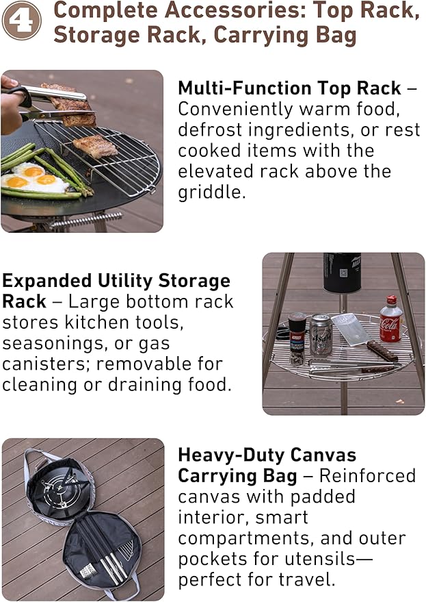 CAMPINGMOON Skottle Grill Cooking System Kit 18 inch Carbon Steel Pan Adjustable Legs Portable Camp Cooking Gear with Carry Bag (Skottle isobutane stove set GR-901)