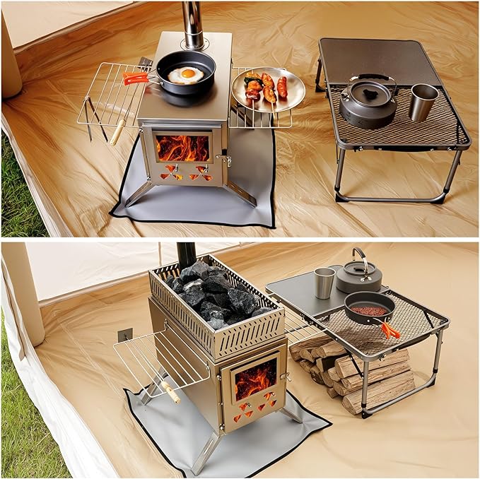 Upgraded Wood Burning Sauna Hot Tent Stove, 2 in 1 Tent Wood Burning Stove with Chimney Pipe for Outdoor Camping Heating, Camping, Hunting, Heating, Cooking, Ice Fishing, Boiling Water