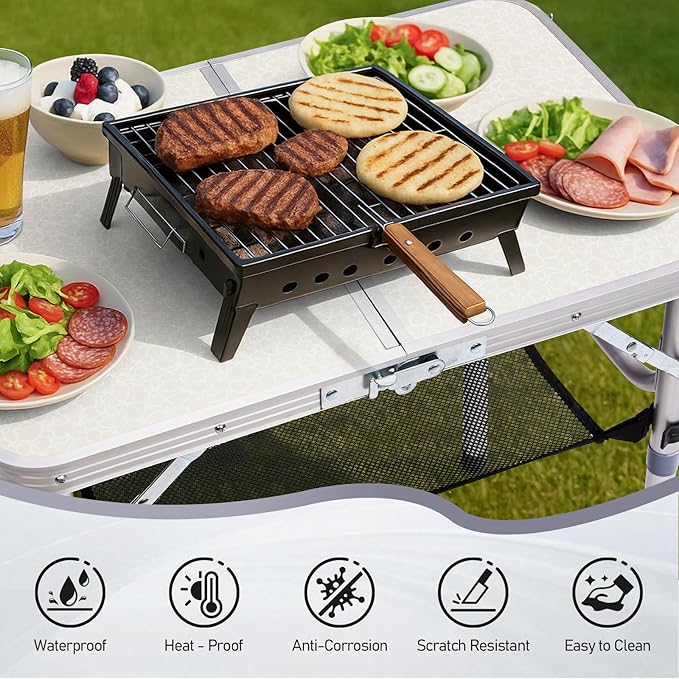 VINGLI Small Folding Table Portable 2FT Aluminum Foldable Camping Table for Picnic Card Table with 3 Adjustable Height & Carry Handle for Outdoor Indoor Hiking Camp BBQ Beach-White