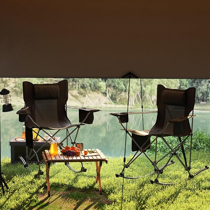 Outsunny Folding Rocking Camping Chairs for Adults, Portable Outdoor Rocking Chairs with Headrest, Cooler Bag, Cup Holder, Carry Bag for Picnic Outside and Outdoor Travel, 2 Pack, Black