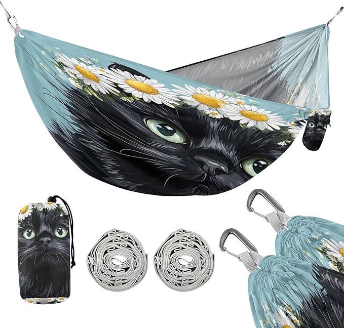 Cute Cat White Daisies Camping Hammock Single Portable Hammocks 330 lbs Capacity with 2 Tree Straps and Attached Carry Bag,Perfect for Outdoor,Indoor,Beach,Camping,Travel