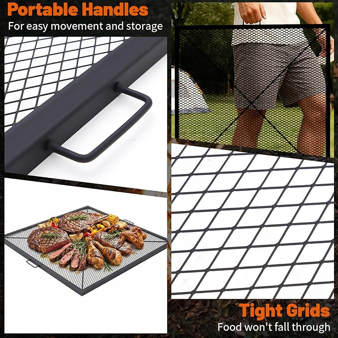 40 Inch Square Fire Pit Grill Grate with Handles, Heavy Duty Campfire Cooking Grate for Fire Pit, Steel BBQ Grill Grid for Outdoor, Camping