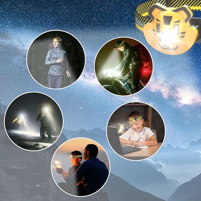 COSOOS LED Rechargeable Headlamp for Kids Flashlight Camping Gear, Outdoor Head Lamp for Boy Girl, 2.6oz Lightweight Headlight, Birthday Gift