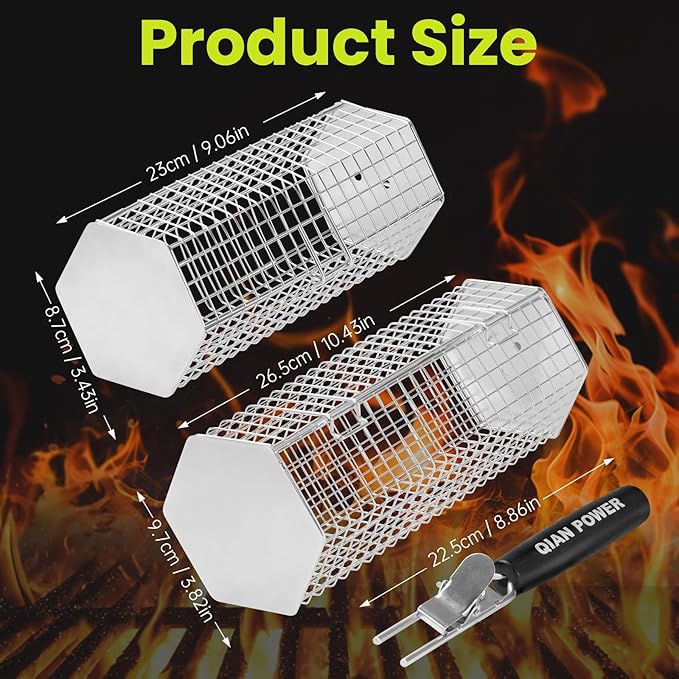 Grill Baskets 2PCS 304 Stainless Steel with Removable Wooden Handle Hexagon Design for BBQ Camping & Outdoor Cooking Accessories, Great Gift for Grill Lovers