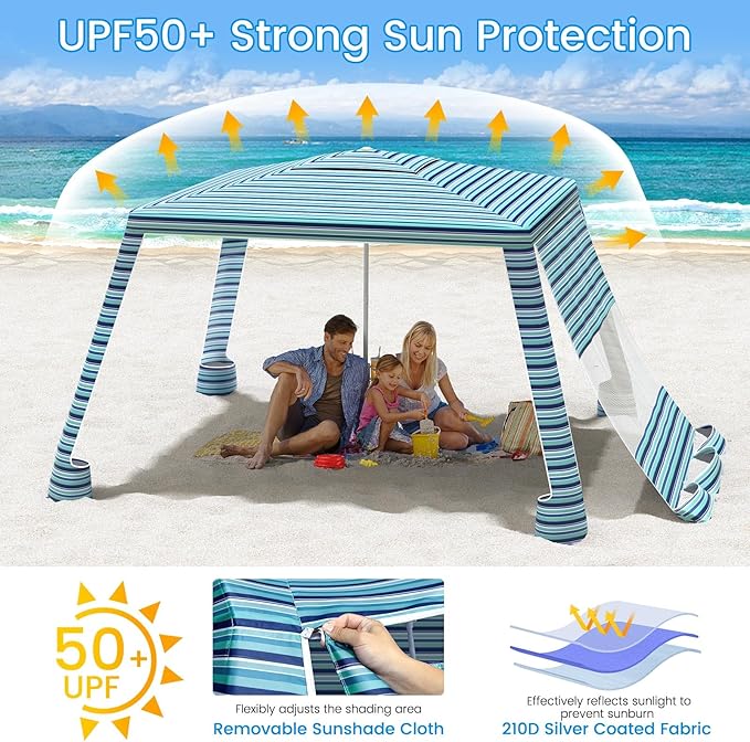 MoKo Beach Cabana, 8'×8' Large Beach Canopy with Side Wall, UPF 50+ Protection Easy Setup Beach Tent Sun Shelter, Adjustable Height Wind Resistant Cabana Beach Tent for Whole Family, Blue-Green Stripe