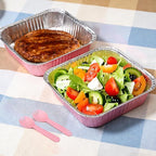 (35-Pack) Pink 8x8 Inch Disposable Aluminum Pans with Plastic Lids,Stickers and Cake Spoons,Square Cake Pans for Parties,Baking Trays,Foil Pans for Holiday Cooking, Parties Meal Prep, Storage