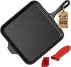 Cast Iron Square Griddle Pan 11 Inch - Pre-Seasoned Pan with Heat-Resistant Handle and Scraper for Stove Top, Campfire, Indoor, Outdoor Cooking, Oven-Safe Durable Cookware.