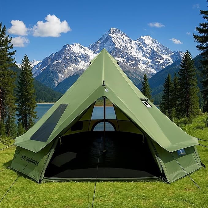 Bell Yurt Tent with Stove Jack, Waterproof Luxury 4 Season Tent 420D Oxford Cloth Green Glamping Tents for Family Outdoor Camping, Hunting, Party, All Year Living