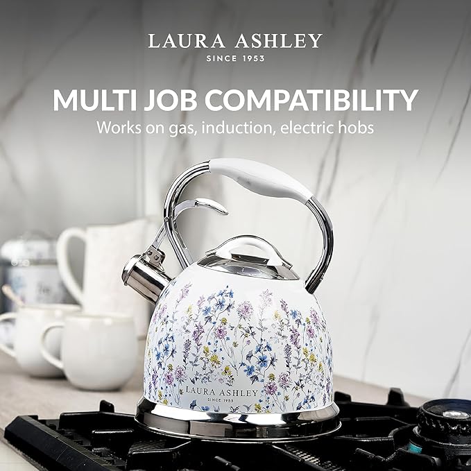VQ Laura Ashley Wild Meadow 2.5L Stainless Steel Tea Kettle Stovetop Whistling Teapot for Induction, Gas Hob or others. Silicon Coated Cool Handle & Push Button Mechanism Vintage Stove Top Kettle