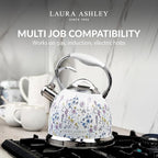VQ Laura Ashley Wild Meadow 2.5L Stainless Steel Tea Kettle Stovetop Whistling Teapot for Induction, Gas Hob or others. Silicon Coated Cool Handle & Push Button Mechanism Vintage Stove Top Kettle