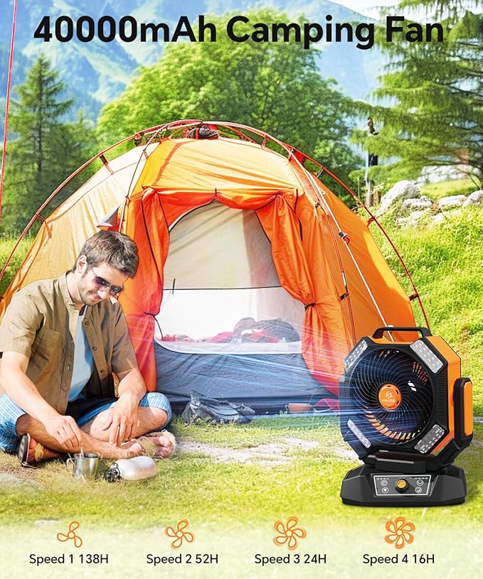 40000mAh Battery Operated Fan, Portable Camping Fan with 4 LED Lantern, 8 Speeds DeskFan with Remote, Portable Rechargeable Fans with Hook for Camping Tent, Power Outages