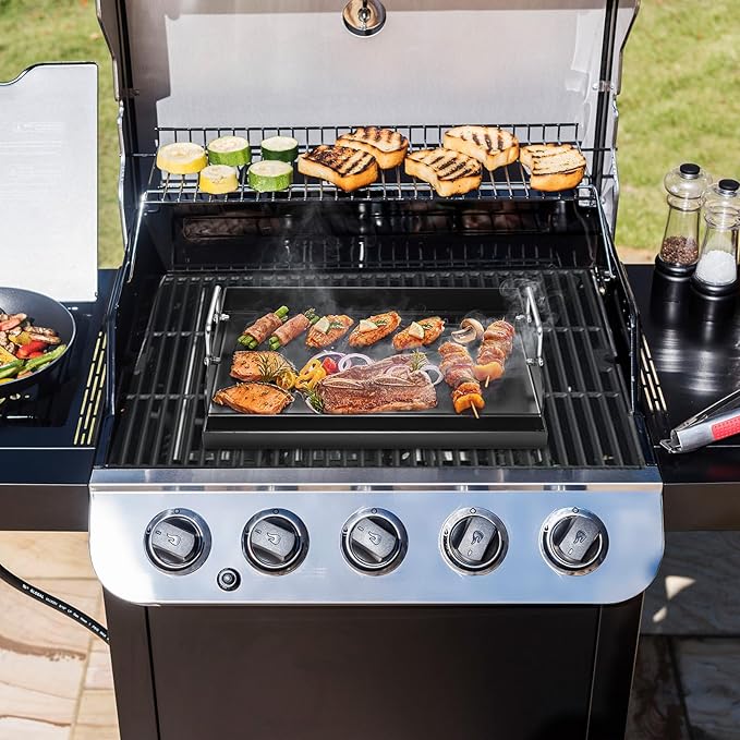 17" x 13" Nonstick Coating Cooking Griddle for Gas Grill, Universal Flat Top Plate Insert with Grease Groove and Removable Handles for Weber Charbroil Camp Chef/Gas Stove/Electric Flat Griddle
