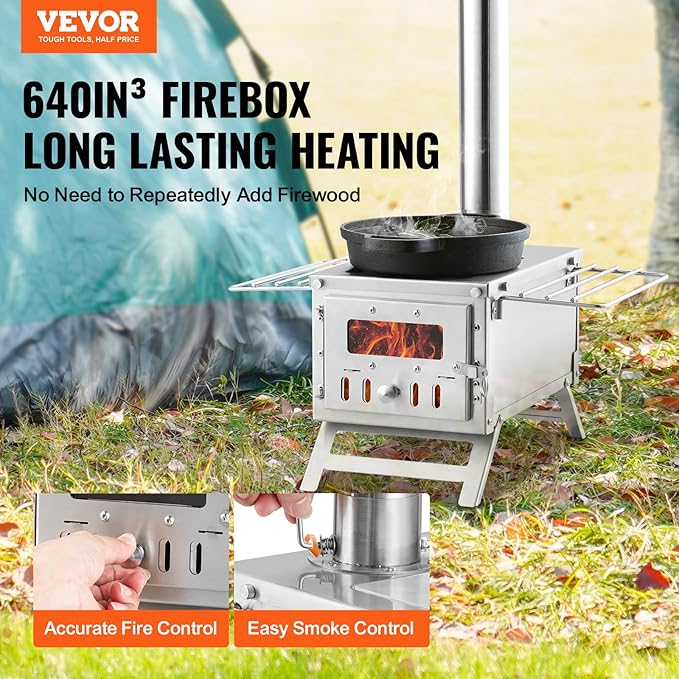VEVOR Camping Wood Stove Stainless Steel Camping Tent Stove, Portable Wood Burning Stove with Chimney Pipes & Gloves, 640in³Firebox Hot Tent Stove for Outdoor Cooking and Heating with 8 Pipes