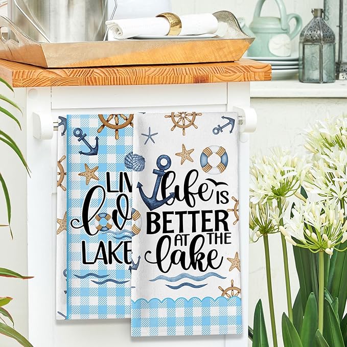Lake House Decor, Lake House Gifts for Women, Summer Buffalo Plaid Kitchen Towels Sets 2 Pack, Life is Better at the Lake Dish Towels for Housewarming Birthday Mothers Day Christmas, 18x26 Inches