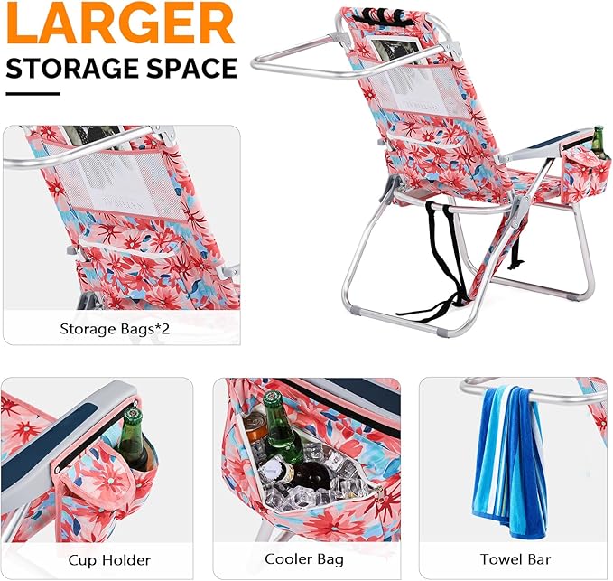 VINGLI Tall Beach Chair 2 Pack Lightweight, Backpack Beach Chair for Adults with 5-Position, Cooler Bag, Cup Holders, Towel Bar, Lightweight Folding Beach Camping Chairs