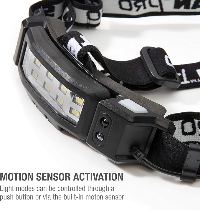 Steelman Pro Slim Profile LED Motion-Sensing Headlamp with Rear Safety Flasher, 3 Brightness Settings, 20m Beam, Water-Resistant, 3 AA Batteries