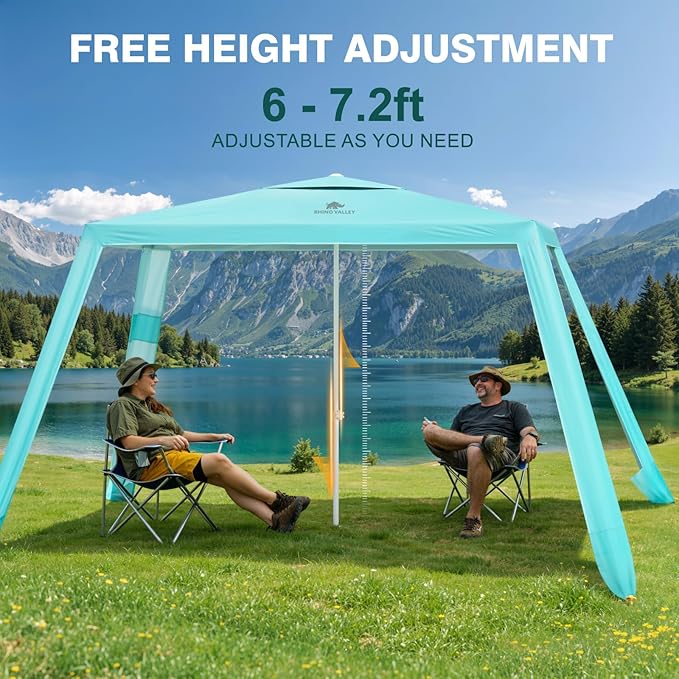 Rhino Valley Beach Cabana, 8 * 8FT Beach Shade Canopy Tent UPF50+ Protection, Easy Setup Wind Resistant with Cup Holder, Portable Foldable Beach Tent Sun Shelter for Whole Family, Turquoise Green