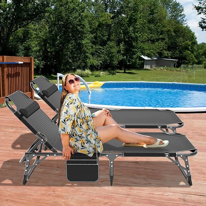 DoCred Heavy Duty Chaise Lounge Chair, Adjustable 5-Position Folding Chaise Lounge Chairs for Outside, Portable Lay Flat Beach Lounge Chair for Outdoor Sunbathing Beach Pool Lawn Camping