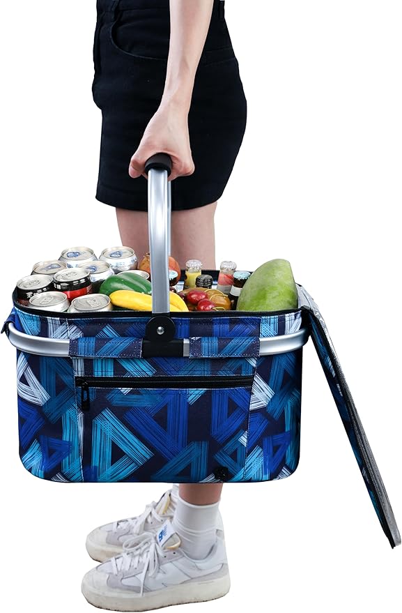 ALLCAMP Picnic Basket - Insulated Cooler, Thickening Foldable Picnic Basket with Removable Baskets & Sewn-in Frame, Basket for House Warming Gifts New Home(Triangle Pattern)