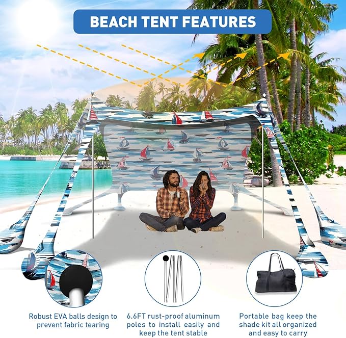 Beach Tent Sun Shelter 10x10ft Beach Canopy Easy Pop Up Sun Shade Portable UPF50+ with 8 Sandbags-2 Sand Shovel-4 Aluminum Poles-Ground Pegs for Outdoor Family Camping Fishing Backyard Picnic